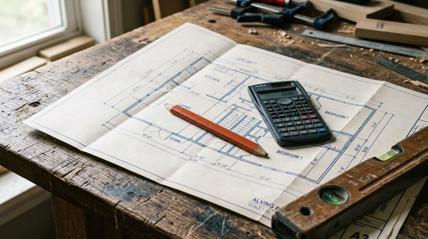 Plan de rénovation et calculatrice sur une table d’atelier